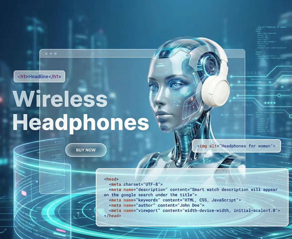 AI Visibility Strategy illustration featuring a high-tech robotic head with headphones and digital data overlays