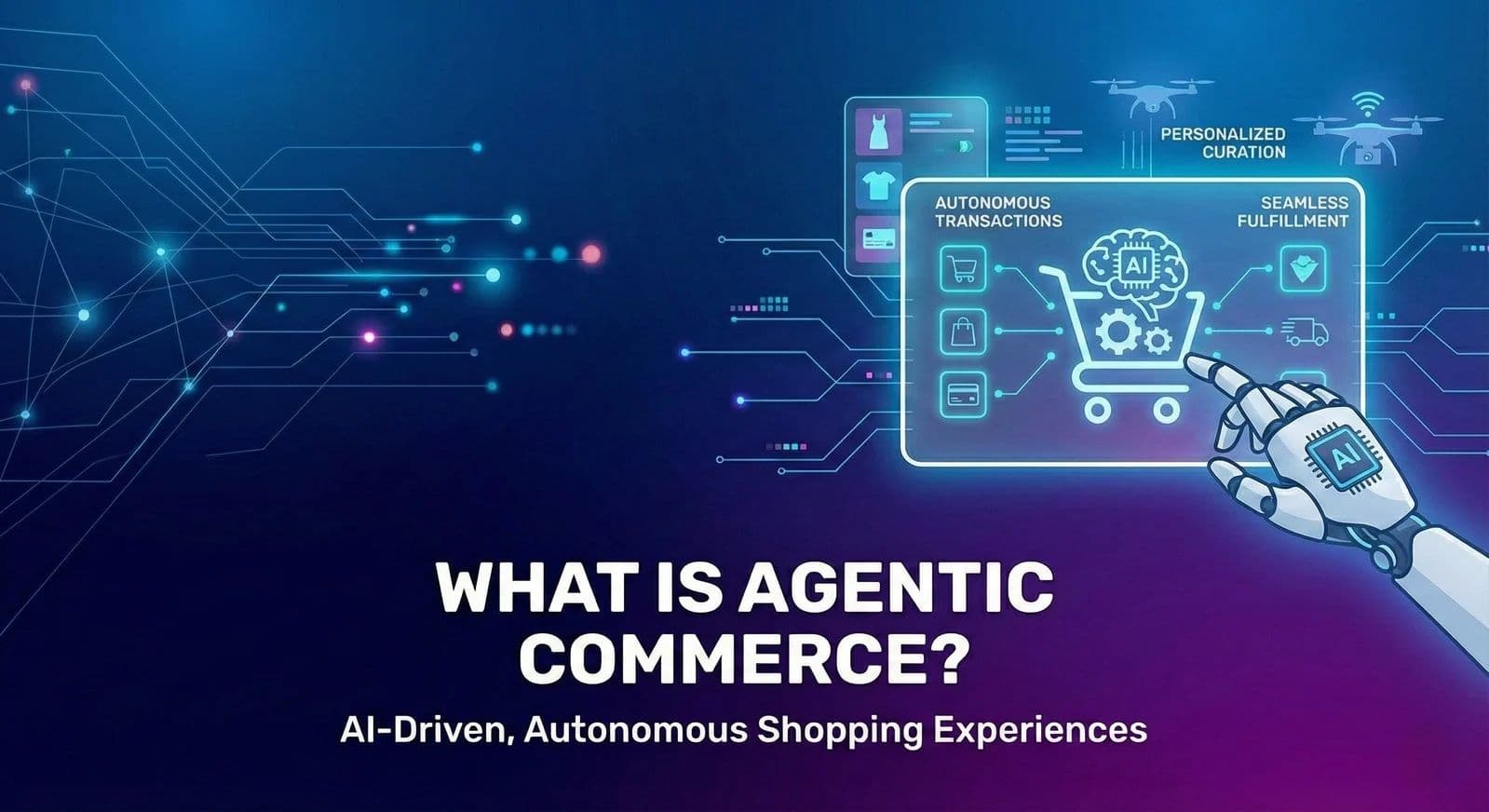 Infographic titled 'WHAT IS AGENTIC COMMERCE? AI-Driven, Autonomous Shopping Experiences' featuring a robotic hand interacting with a digital shopping interface. The interface shows autonomous transactions, personalized curation, and seamless fulfillment icons, with an AI-powered shopping cart at the center. The background features a neural network circuit design in glowing blue and purple tones.