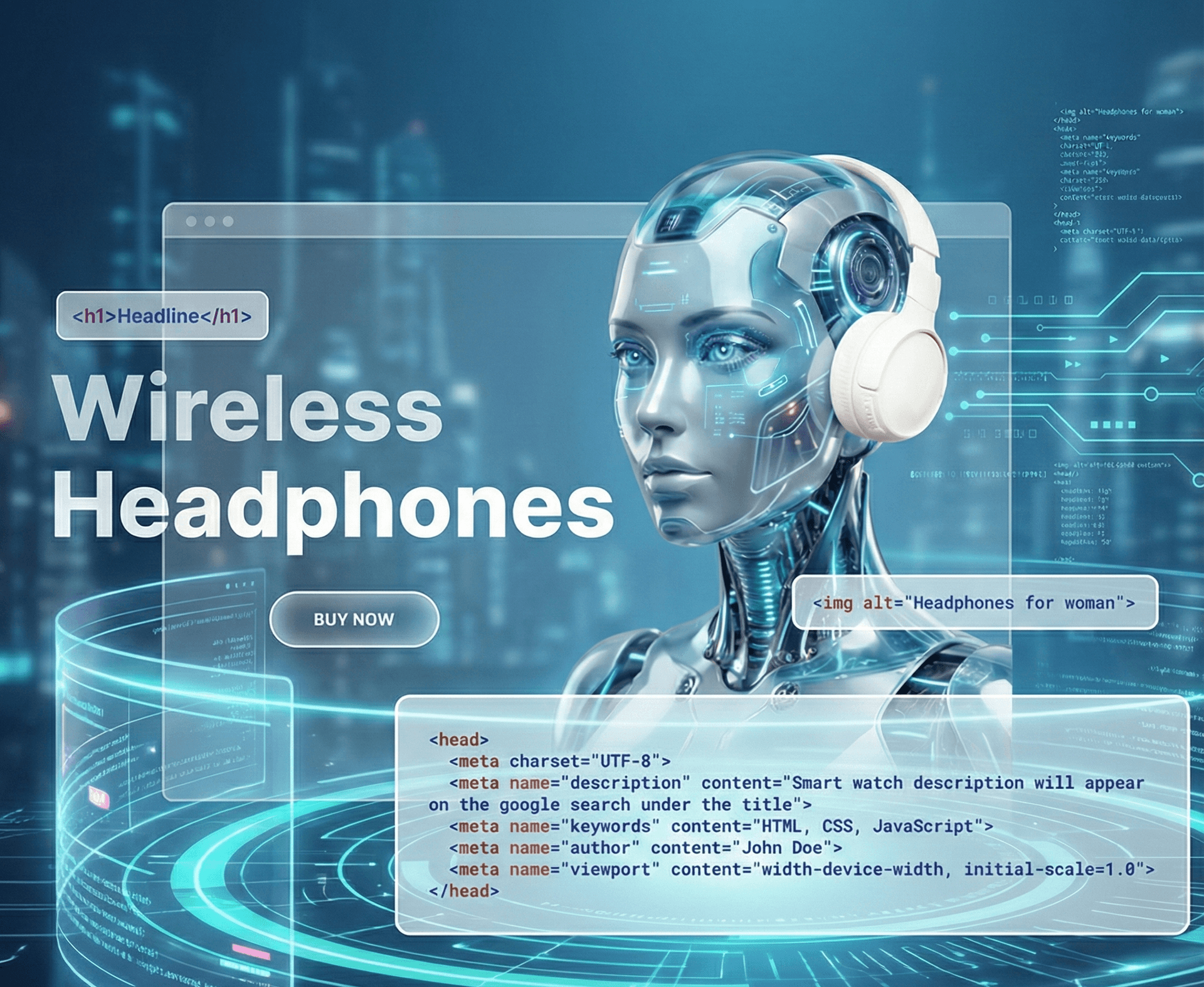 AI Visibility Strategy illustration featuring a high-tech robotic head with headphones and digital data overlays