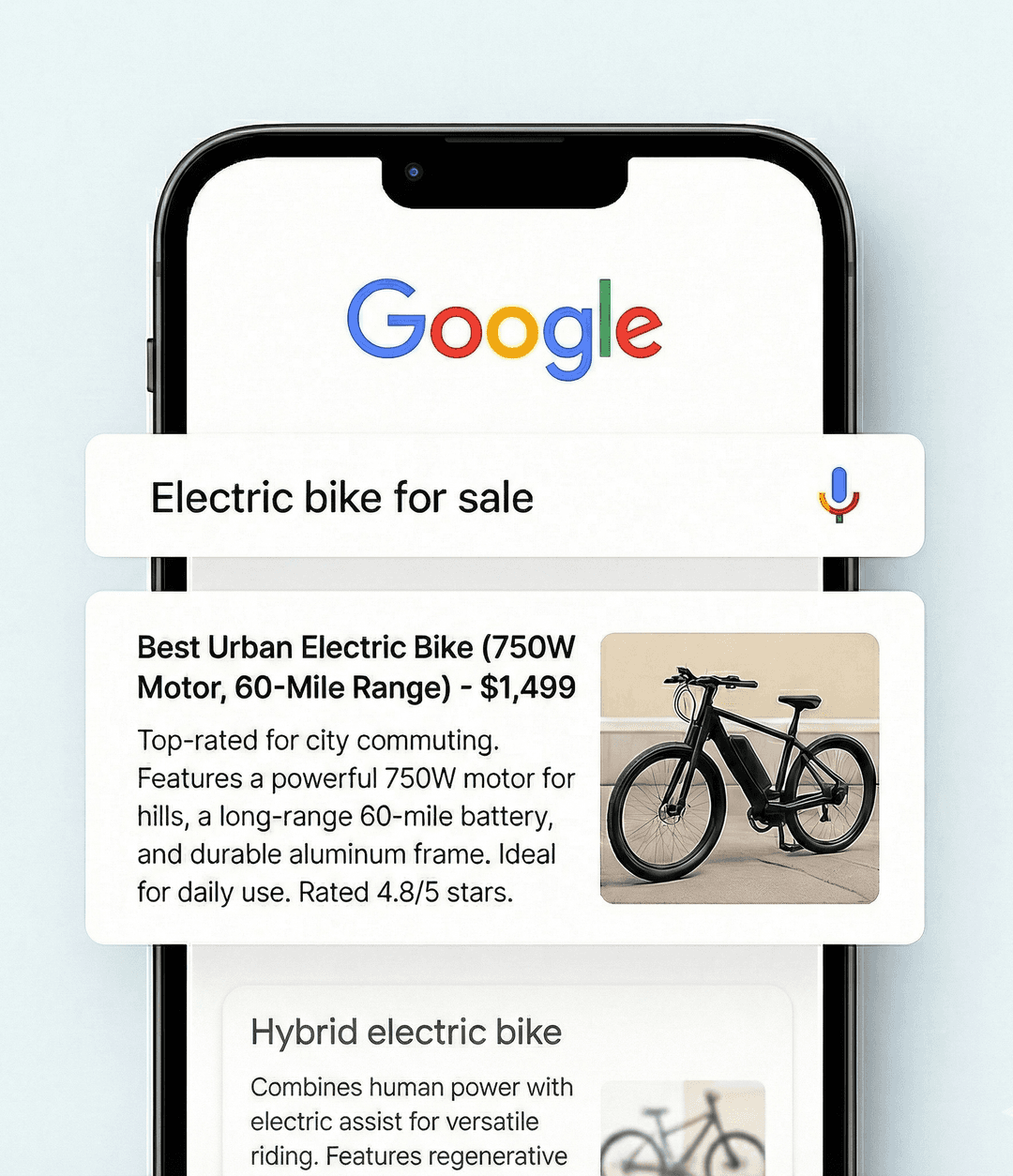 Mobile phone mockup showing a Google search for an electric bike with AI shopping agents